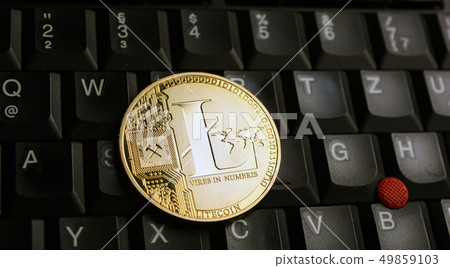 Golden Litecoin LTC  coin over  a black laptop  49859103