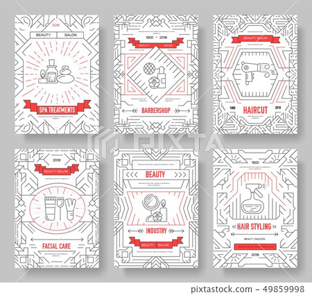 Thin line beauty salon with assortment vector brochure cards set. Cosmetology template of flyear 49859998
