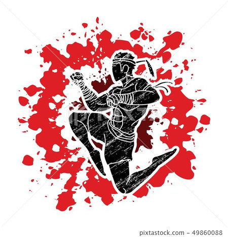 Muay Thai fighting , Thai boxing jumping to attack Muay Thai fighting , Thai boxing jumping to attack 49860088