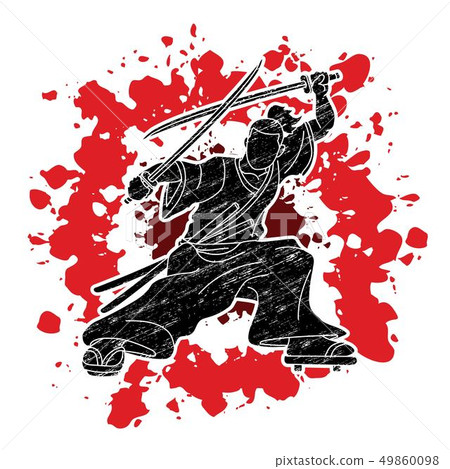 Samurai standing ready to fight with swords vector 49860098