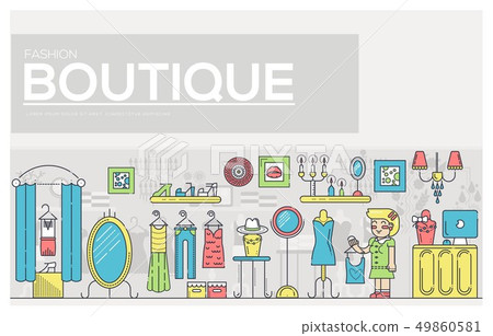 Flat seller standing in boutique with different stylish fashionable clothes. Fashionable clothes in 49860581