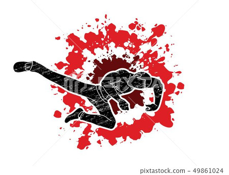 Kung fu action jump kick graphic vector. 49861024