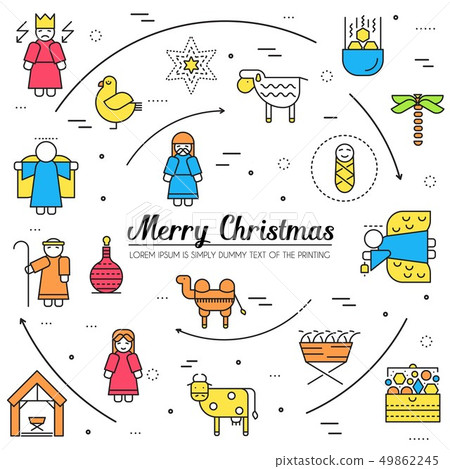 Merry Christmas thin line icons flat set background. Outline birth of Christ illustration background Merry Christmas thin line icons flat set background. Outline birth of Christ illustration background 49862245