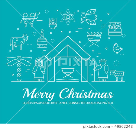 Merry Christmas thin line icons flat set background. Outline birth of Christ illustration background Merry Christmas thin line icons flat set background. Outline birth of Christ illustration background 49862248