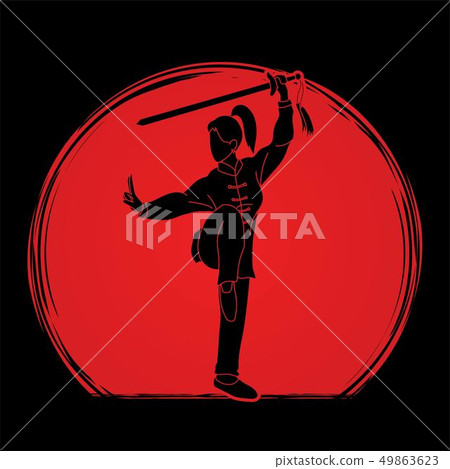 Woman with sword action Kung Fu pose vector Woman with sword action Kung Fu pose vector 49863623