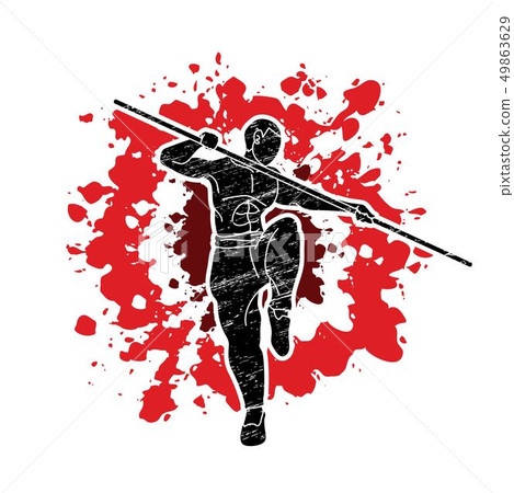 Man with quarterstaff action, Kung Fu pose graphic 49863629