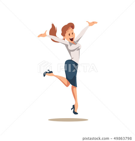 Happy Cheerful Businesswoman in Suit Jumping Up Happy Cheerful Businesswoman in Suit Jumping Up 49863798