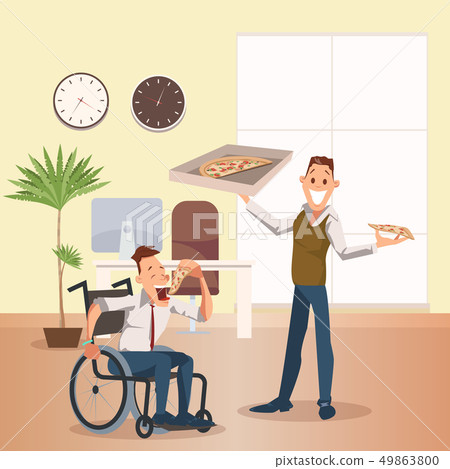 Man Eat Pizza at Office. Happy Disabled Coworker Man Eat Pizza at Office. Happy Disabled Coworker 49863800