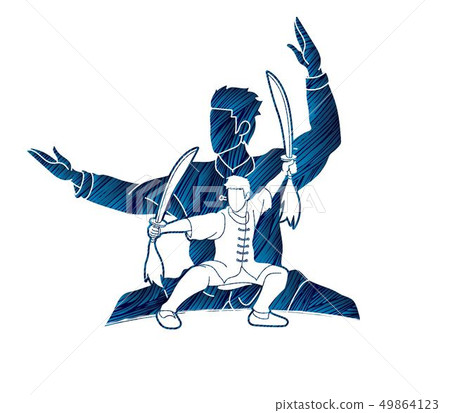Kung Fu, Wushu with swords pose graphic vector. Kung Fu, Wushu with swords pose graphic vector. 49864123