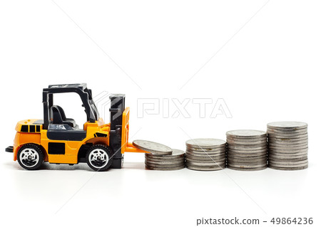 A yellow toy forklift with pile of coins A yellow toy forklift with pile of coins 49864236