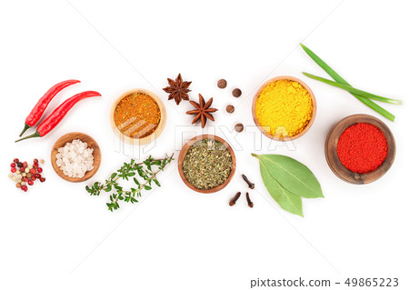 mix of spices in wooden bowl isolated on a white background with copy space for your text. Top view 49865223