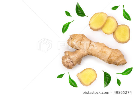 fresh Ginger root and slice isolated on white background with copy space for your text. Top view 49865274