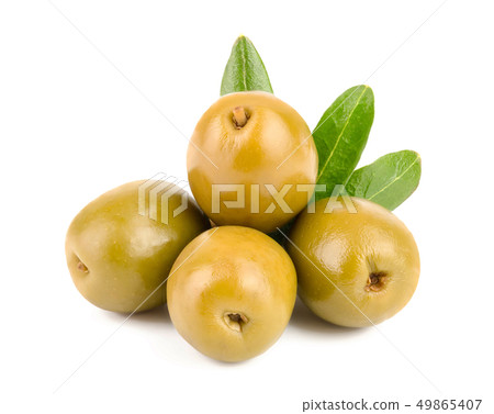 Green olives with leaves isolated on a white background Green olives with leaves isolated on a white background 49865407