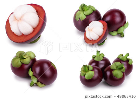 ripe mangosteen with leaves isolated on white background closeup. Set or collection ripe mangosteen with leaves isolated on white background closeup. Set or collection 49865410
