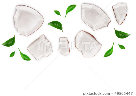 piece of coconut with leaves isolated on white background with copy space for your text. Top view piece of coconut with leaves isolated on white background with copy space for your text. Top view 49865447