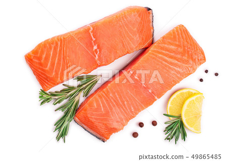 fillet of red fish salmon with lemon and rosemary isolated on white background. Top view. Flat lay fillet of red fish salmon with lemon and rosemary isolated on white background. Top view. Flat lay 49865485