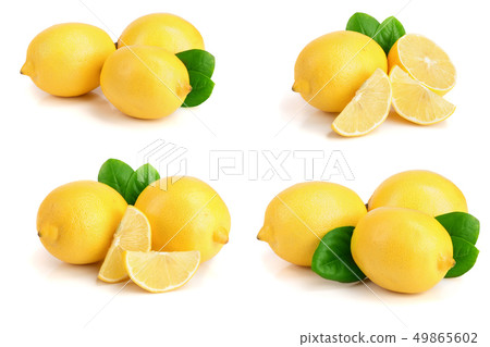 Lemon with leaf isolated on white background. Set or collection Lemon with leaf isolated on white background. Set or collection 49865602