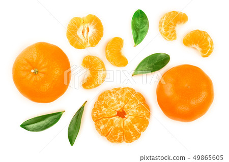 tangerine or mandarin with leaves isolated on white background. Top view. Flat lay 49865605