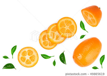 Cumquat or kumquat with slices isolated on white background with copy space for your text. Top view Cumquat or kumquat with slices isolated on white background with copy space for your text. Top view 49865619