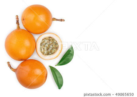 Granadilla or yellow passion fruit with leaf isolated on white background with copy space for your 49865650