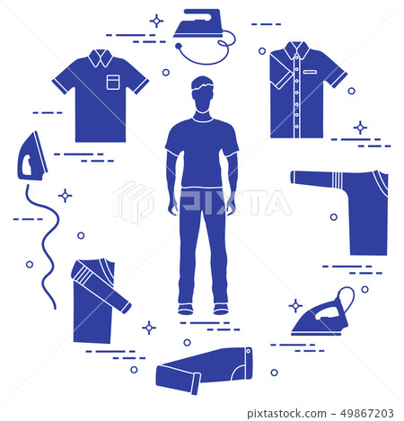 Silhouette of a man, irons and different clothes Silhouette of a man, irons and different clothes 49867203