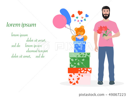 Man with flowers and gifts Holiday greeting card. 49867223