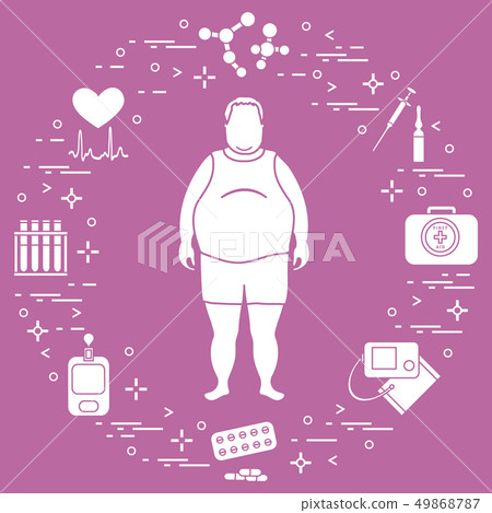 Fat man with medical devices, tools and drugs Fat man with medical devices, tools and drugs 49868787