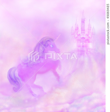 Castle in the clouds and beautiful unicorn Castle in the clouds and beautiful unicorn 49869485