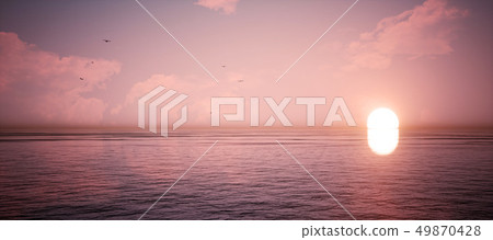 鮮豔細緻的全景景觀圖：日出/日落雲彩金色天空（3D CG 渲染數位插圖） 49870428