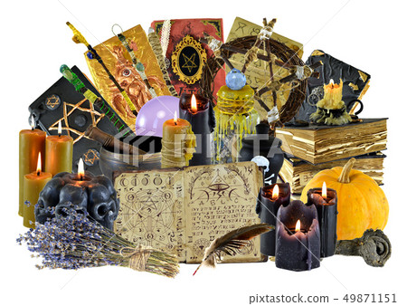 Design collage with group of magic ritual objects Design collage with group of magic ritual objects 49871151