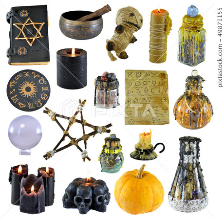 Design set with pentagram, pumpkin, witch book Design set with pentagram, pumpkin, witch book 49871155