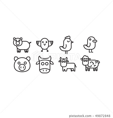 Domestic animals cow, pig, bull, sheep and bird chicken, chicken, rooster, duck 49872848