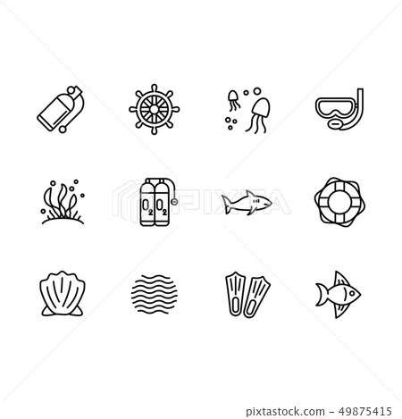 Simple set diving, snorkeling, swimming, sailing in sea illustration line icon. Contains such icon Simple set diving, snorkeling, swimming, sailing in sea illustration line icon. Contains such icon 49875415