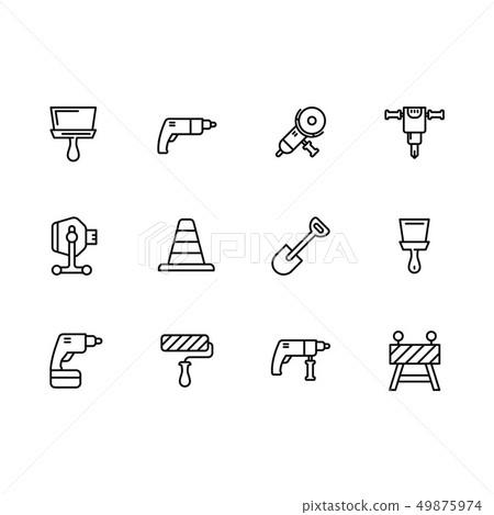 Simple set working tools for repair, design, construction and road works illustration line icon Simple set working tools for repair, design, construction and road works illustration line icon 49875974