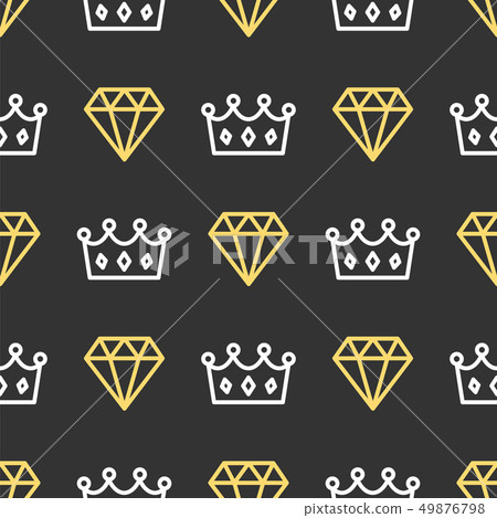 King crown and brilliant on seamless pattern background. Royal crown and diamond outline on black 49876798