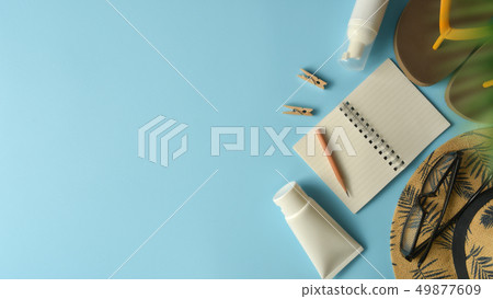 Flat lay, top view workspace with eye glasses, Flat lay, top view workspace with eye glasses, 49877609