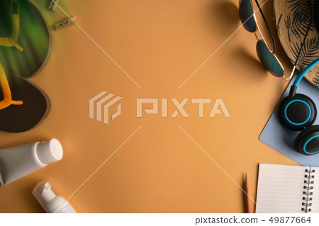 Flat lay, top view workspace with eye glasses, 49877664