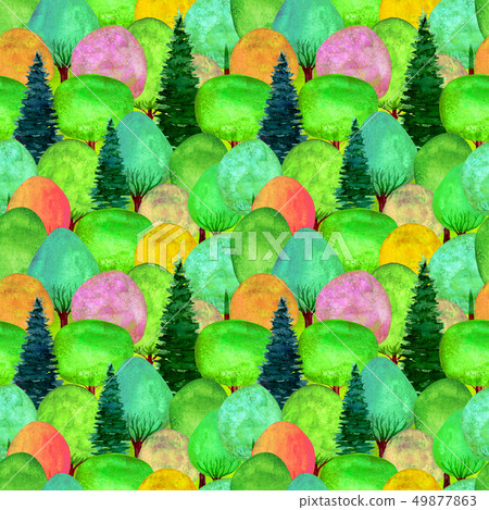 Seamless pattern of watercolor colorful trees on - Stock Illustration ...