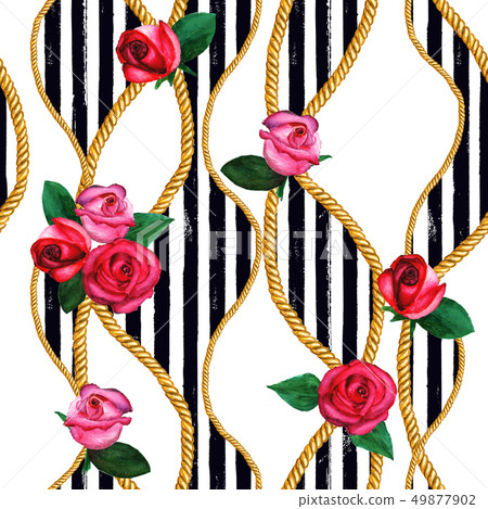 插圖素材: golden rope chains, rose seamless pattern. 查看全部