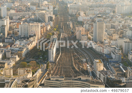 Top view of Paris skyline from above timelapse. Main landmarks of european megapolis with train Top view of Paris skyline from above timelapse. Main landmarks of european megapolis with train 49879037