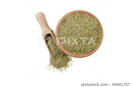 rosemary leaves  in wooden bowl and scoop isolated 49881787