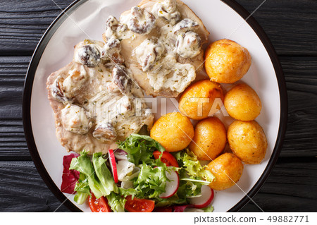 Portion of pork steak in a creamy mushroom sauce Portion of pork steak in a creamy mushroom sauce 49882771