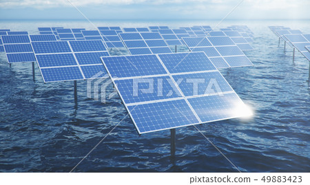 3D illustration solar panels in the sea or ocean. Alternative energy. Concept of renewable energy 3D illustration solar panels in the sea or ocean. Alternative energy. Concept of renewable energy 49883423