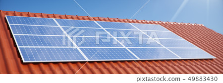 3D illustration solar panels on a red roof of a house. Solar panels with reflection beautiful blue 49883430
