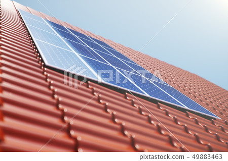 3D illustration solar panels on a red roof of a house. Solar panels with reflection beautiful blue 3D illustration solar panels on a red roof of a house. Solar panels with reflection beautiful blue 49883463