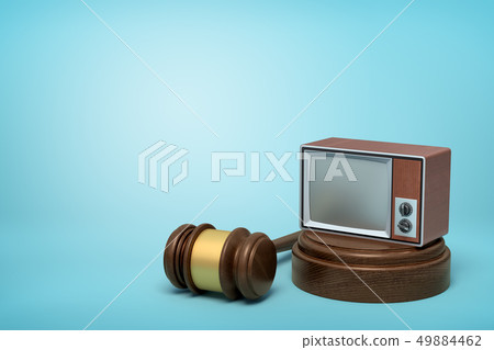 3d rendering of vintage tv set on round wooden block and brown wooden gavel on blue background 3d rendering of vintage tv set on round wooden block and brown wooden gavel on blue background 49884462