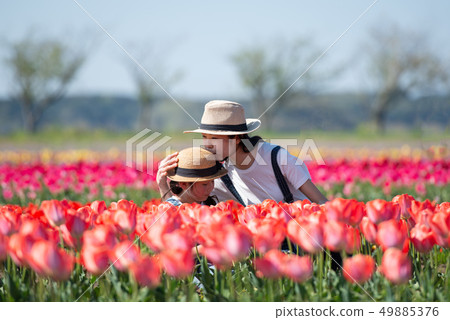 Mother and daughter playing in the flower field Mother and daughter playing in the flower field 49885376