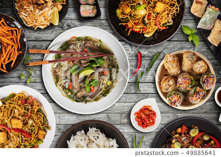 Top view composition of various Asian food Top view composition of various Asian food 49885641