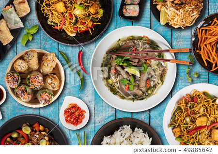 Top view composition of various Asian food Top view composition of various Asian food 49885642