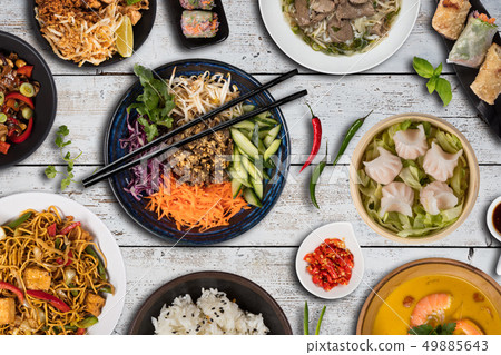 Top view composition of various Asian food Top view composition of various Asian food 49885643